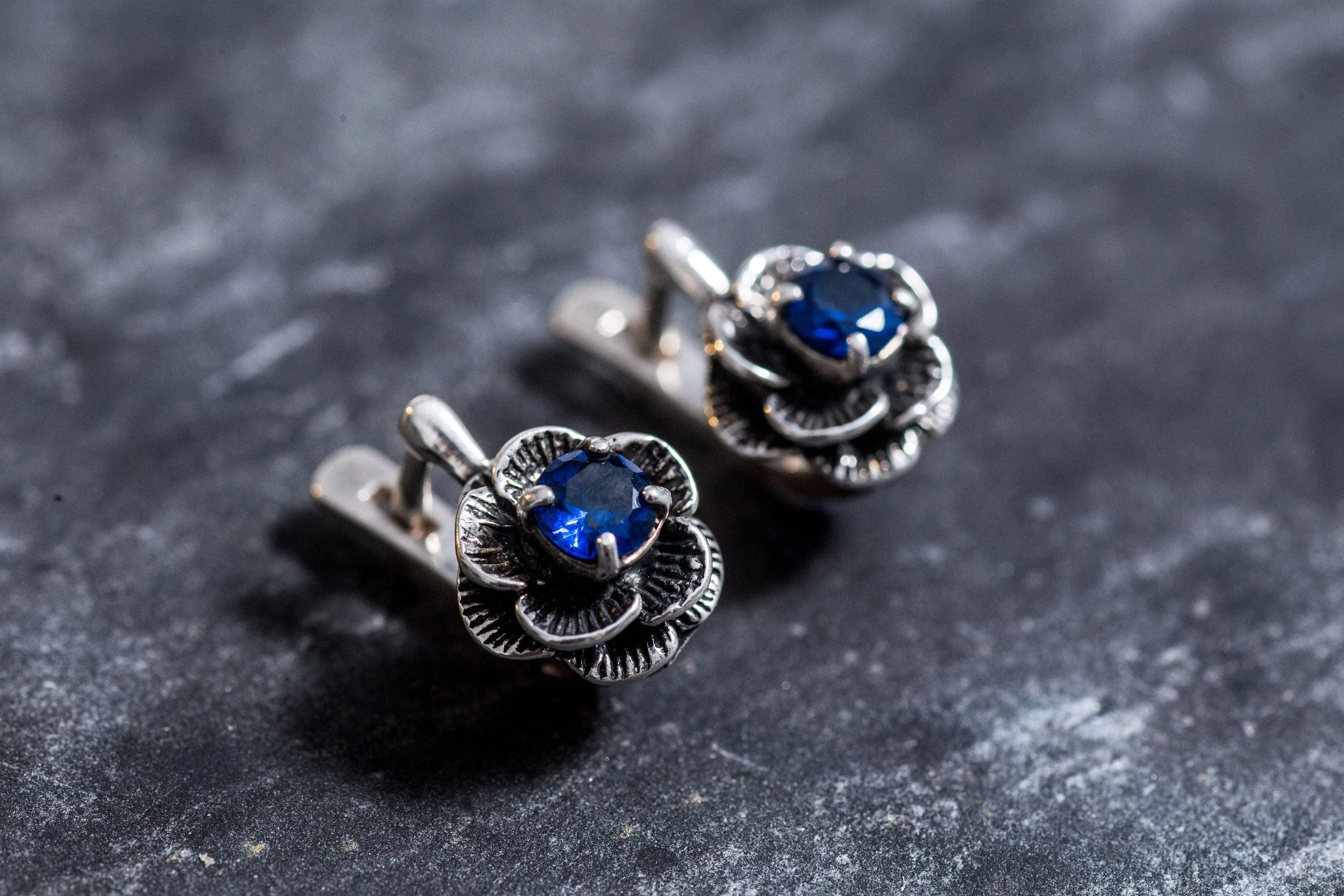 Flower Sapphire Earrings - Blue Rose Earrings, Dainty Flower Studs