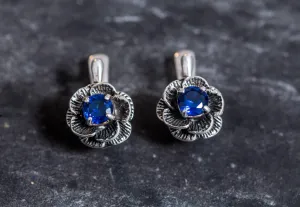 Flower Sapphire Earrings - Blue Rose Earrings, Dainty Flower Studs