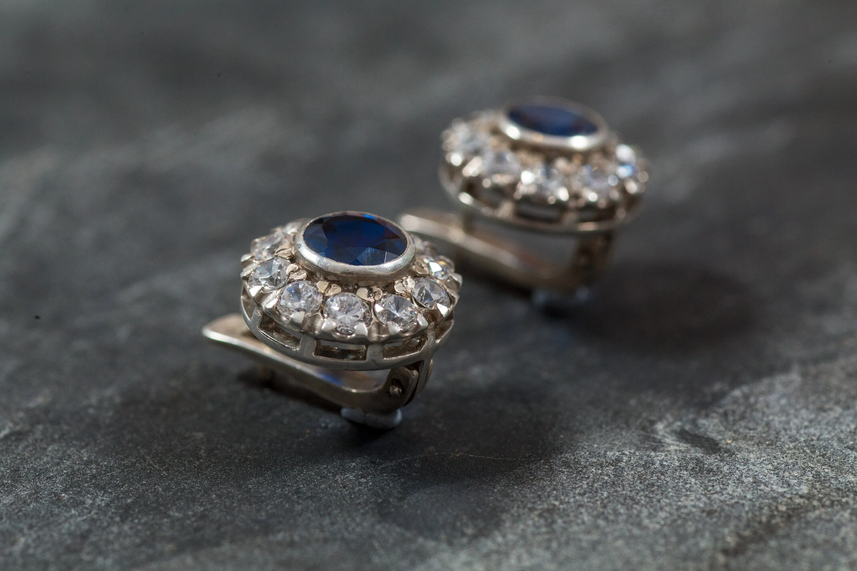 Flower Sapphire Earrings - Blue Victorian Earrings - Vintage Flower Studs