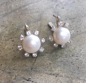 Genuine Pearl Studs - White Flower Earrings - Pearl Diamonds Bridal Earrings