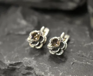 Genuine Quartz Earrings - Flower Topaz Studs - Smoky Topaz Earrings