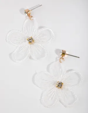 Gold & White Fabric Flower Drop Earrings