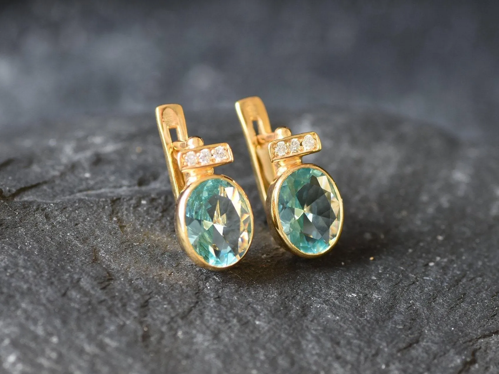 Gold Aqua Earrings - Blue Vintage Earrings, Blue Diamond Earring