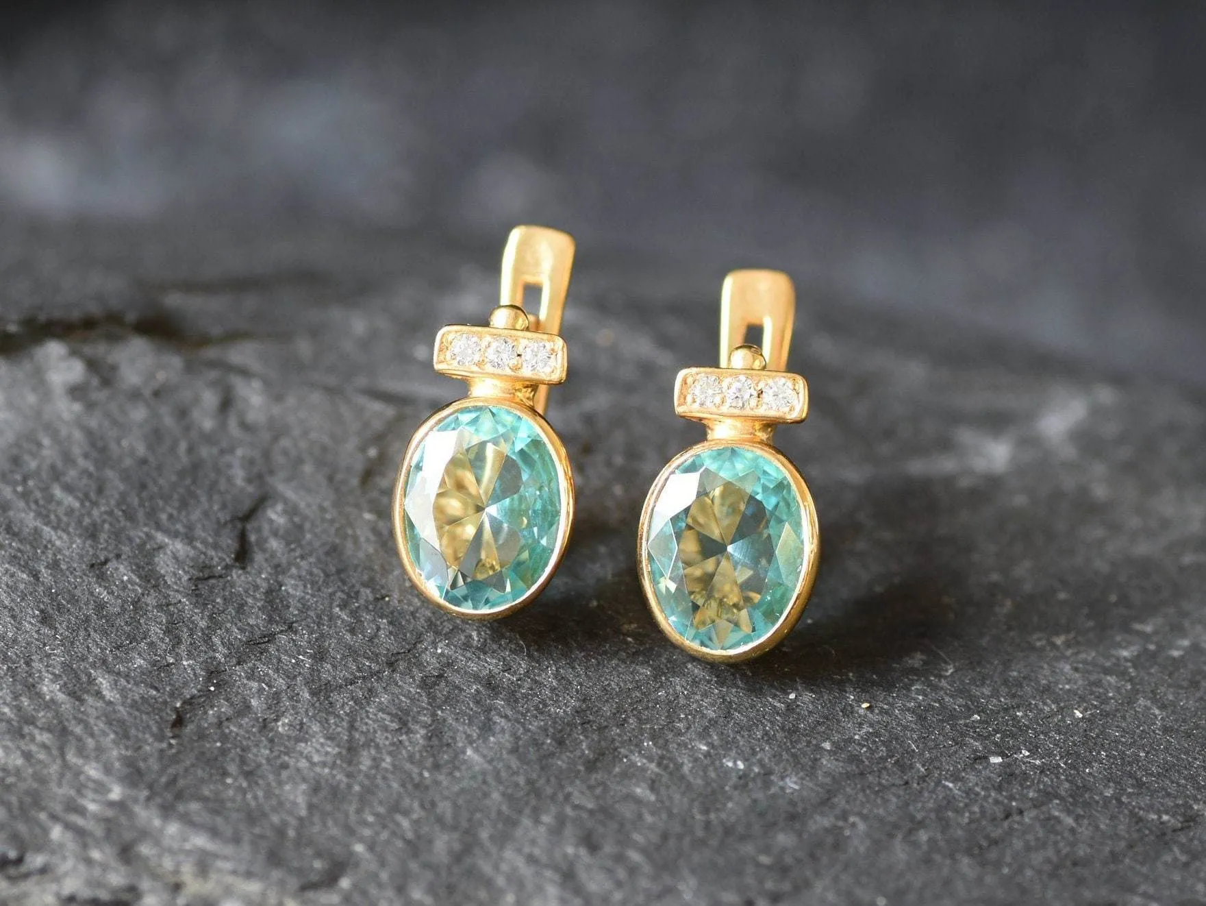 Gold Aqua Earrings - Blue Vintage Earrings, Blue Diamond Earring