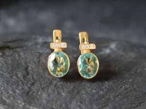 Gold Aqua Earrings - Blue Vintage Earrings, Blue Diamond Earring