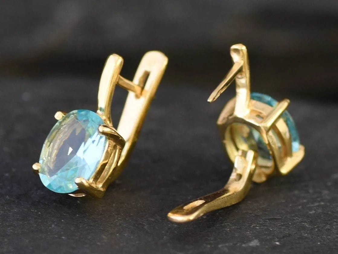 Gold Aquamarine Earrings - Blue Dainty Studs, March Birthstone Earrings