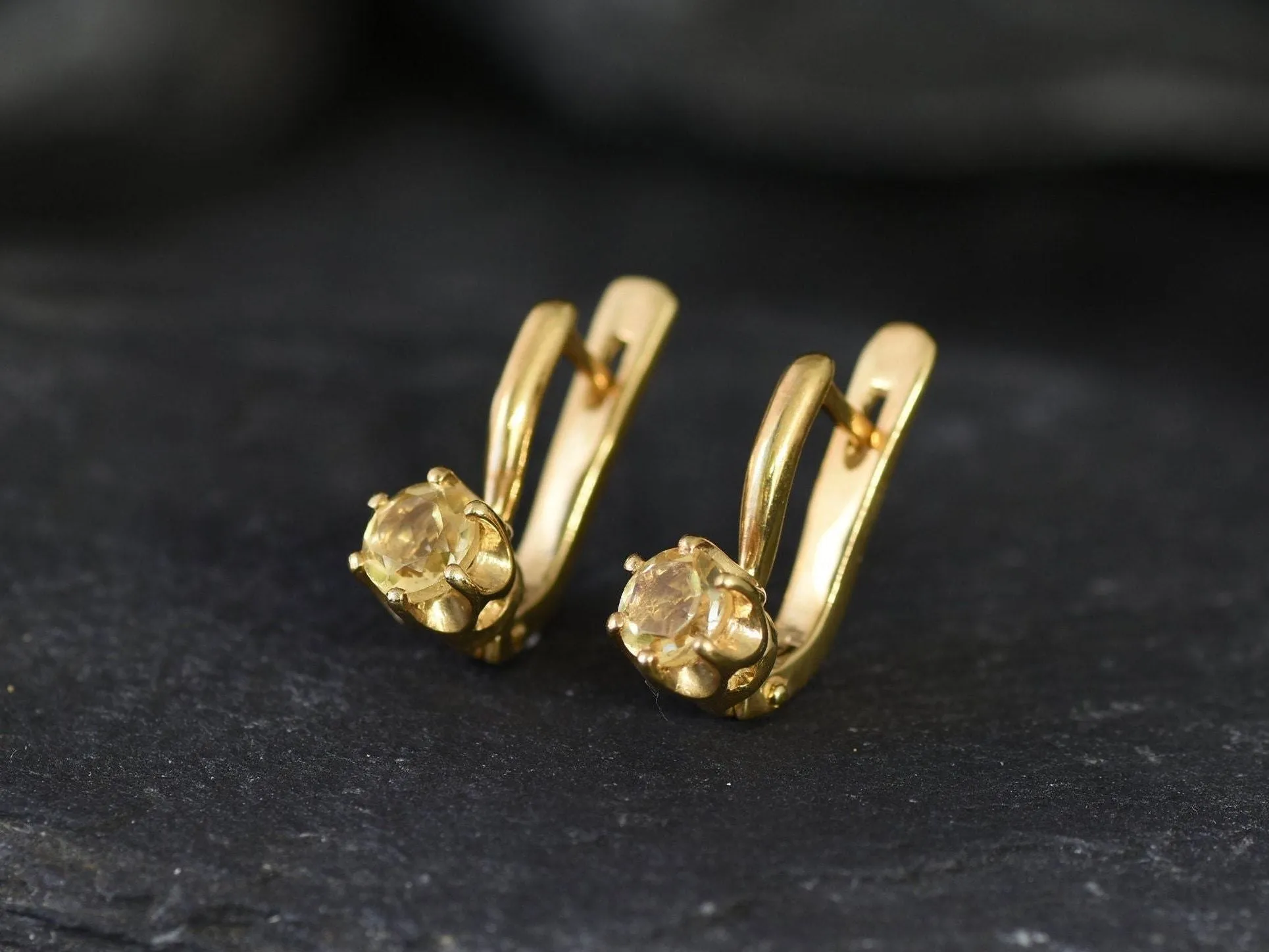 Gold Citrine Studs - Natural Citrine Earrings, Yellow Drop Earrings