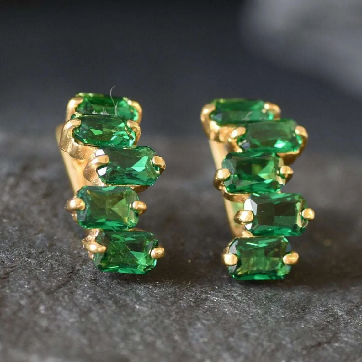 Gold Emerald Earrings - Created Emerald, Gold Baguette Earrings