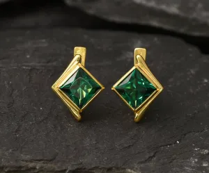 Gold Emerald Earrings - Created Emerald, Green Square Studs