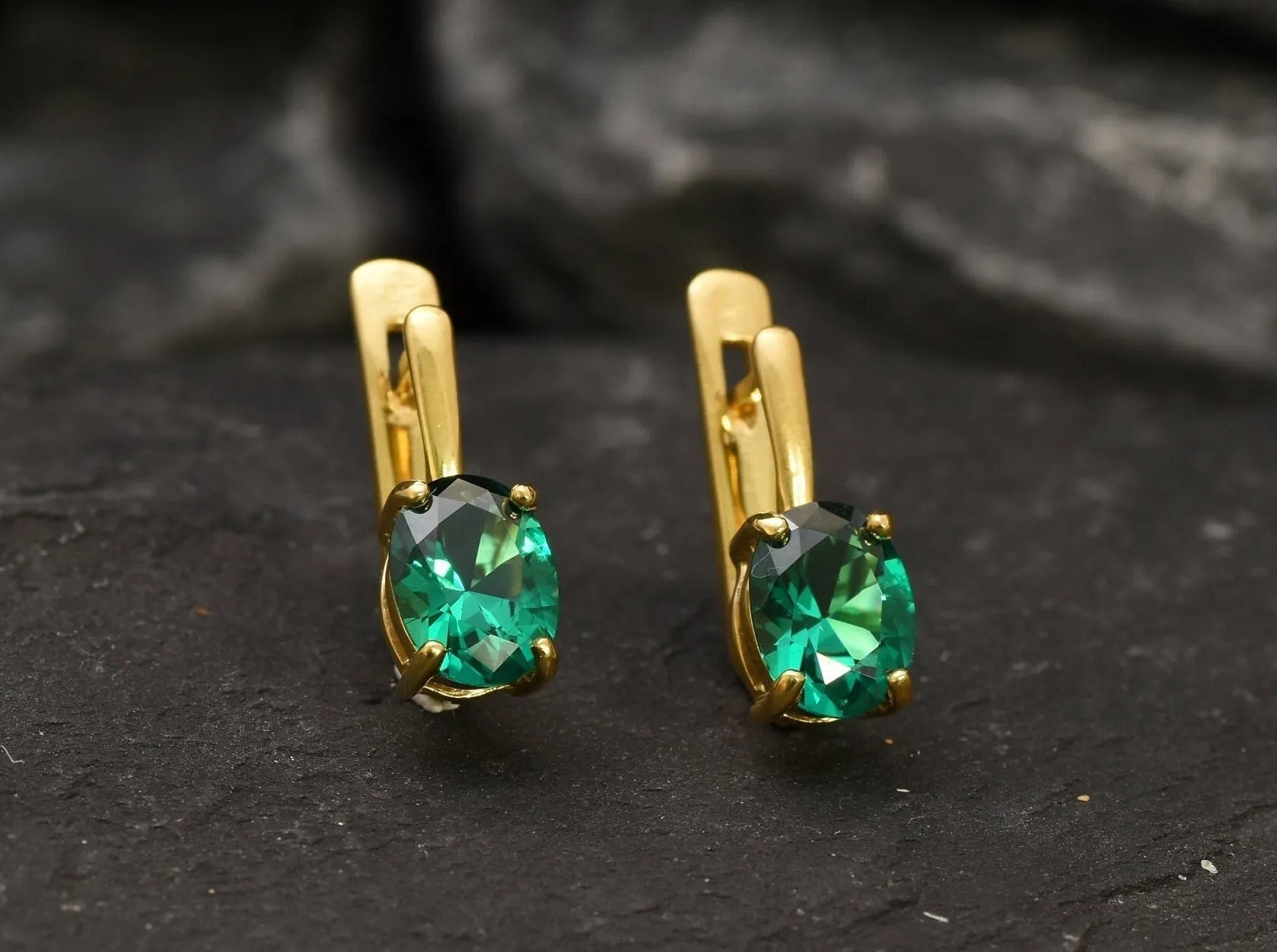 Gold Emerald Earrings - Green Oval Earrings, Minimalist Emerald Earrings