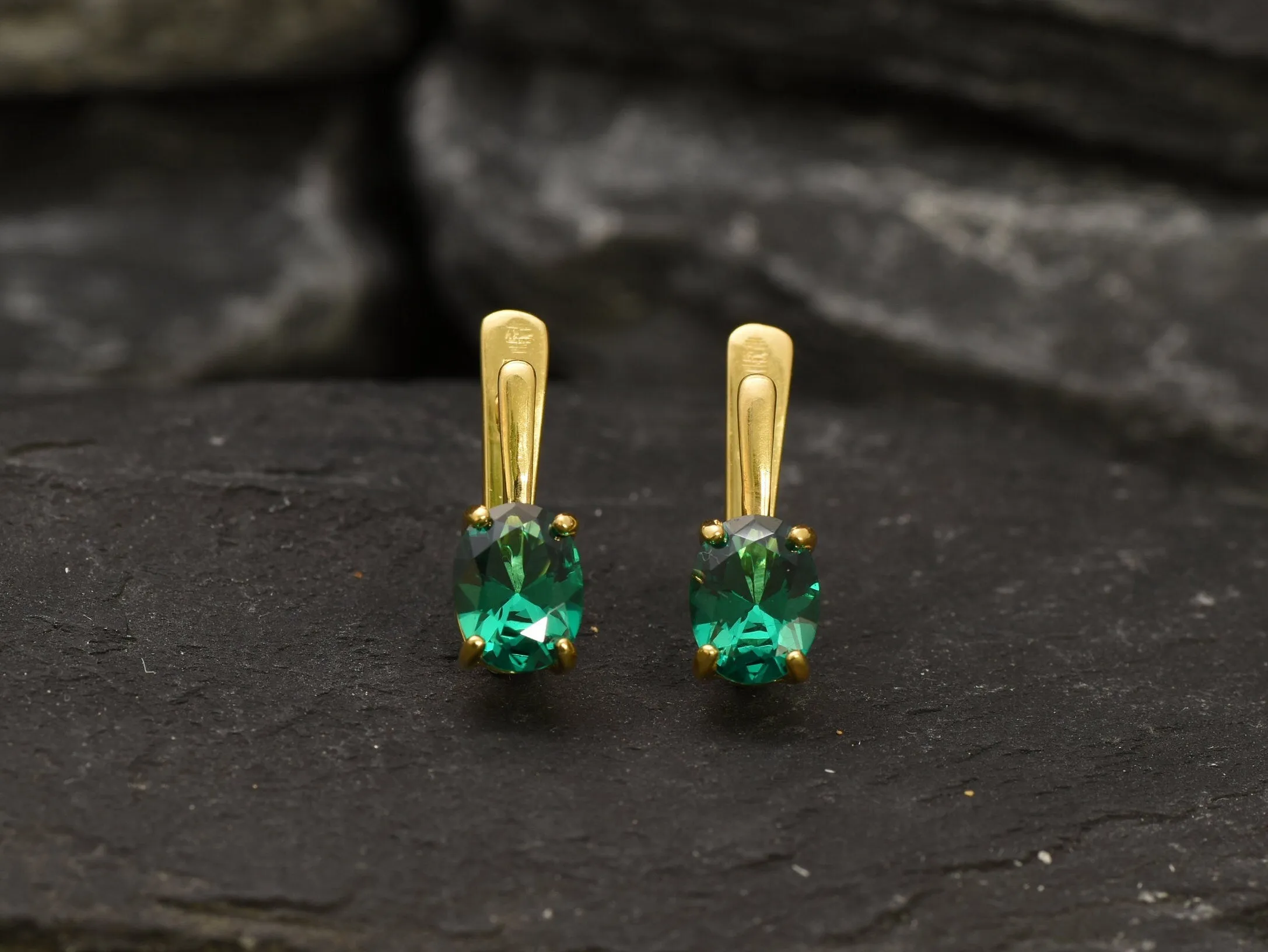 Gold Emerald Earrings - Green Oval Earrings, Minimalist Emerald Earrings