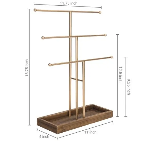 Gold Metal Jewelry Display Stand w/ Wooden Ring Tray