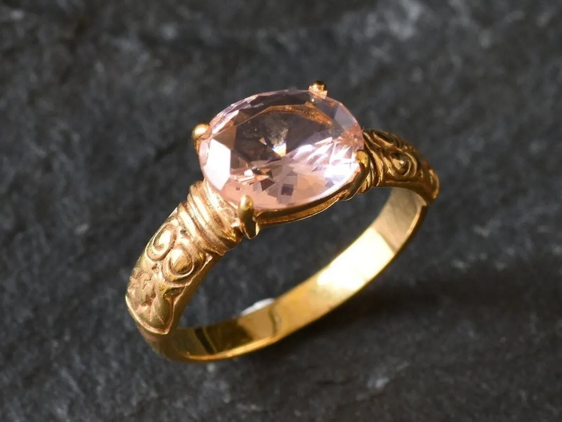 Gold Morganite Ring - Gold Tribal Ring - Pink Vintage Ring