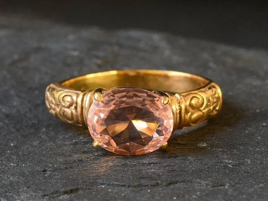 Gold Morganite Ring - Gold Tribal Ring - Pink Vintage Ring