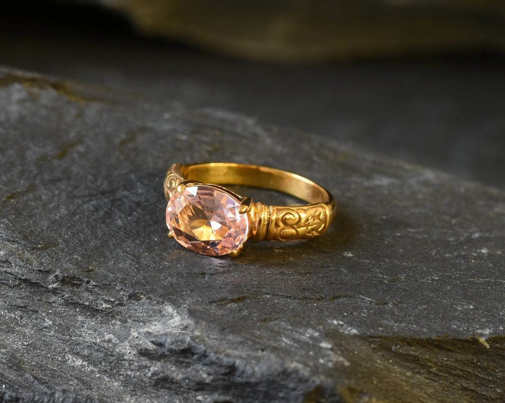 Gold Morganite Ring - Gold Tribal Ring - Pink Vintage Ring