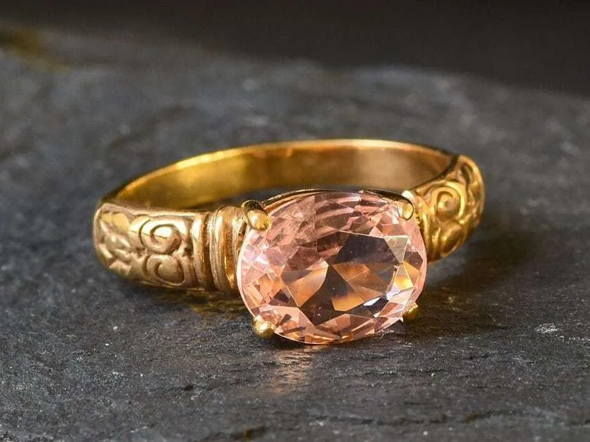 Gold Morganite Ring - Gold Tribal Ring - Pink Vintage Ring