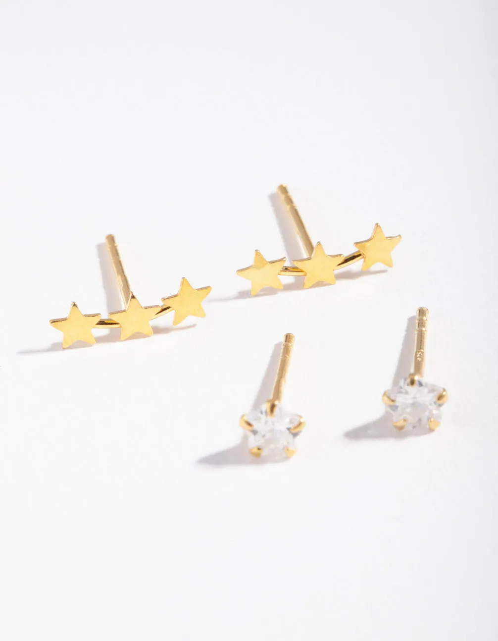 Gold Plated Sterling Silver Star Cubic Zirconia Stud Earring Pack