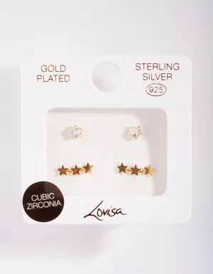 Gold Plated Sterling Silver Star Cubic Zirconia Stud Earring Pack