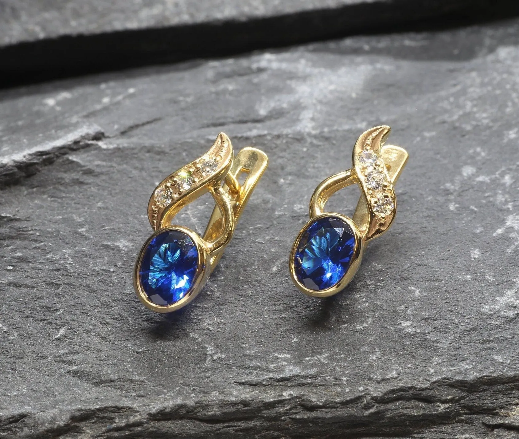 Gold Sapphire Earrings - Blue Drop Earrings, Classy Sapphire Earrings