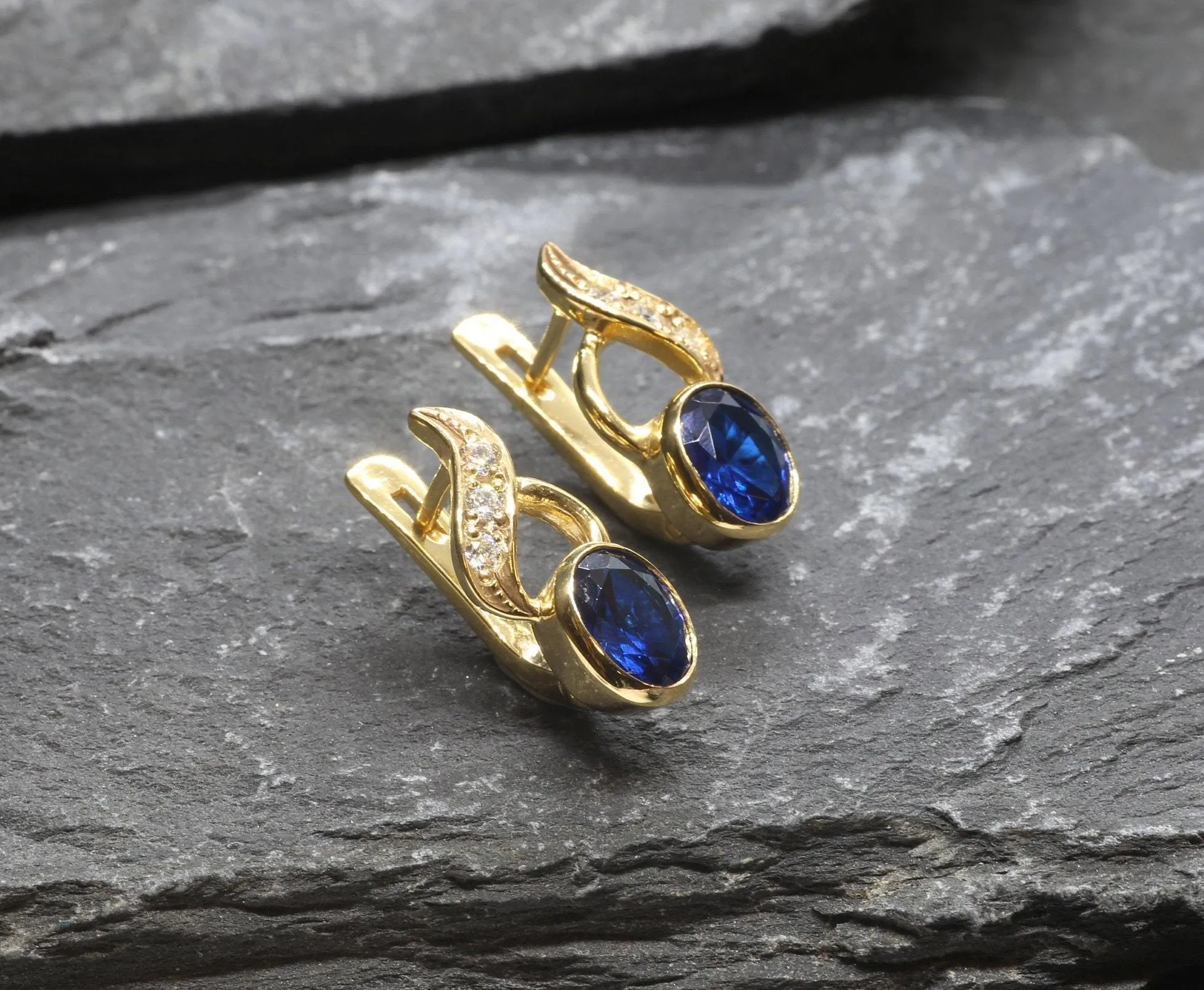 Gold Sapphire Earrings - Blue Drop Earrings, Classy Sapphire Earrings