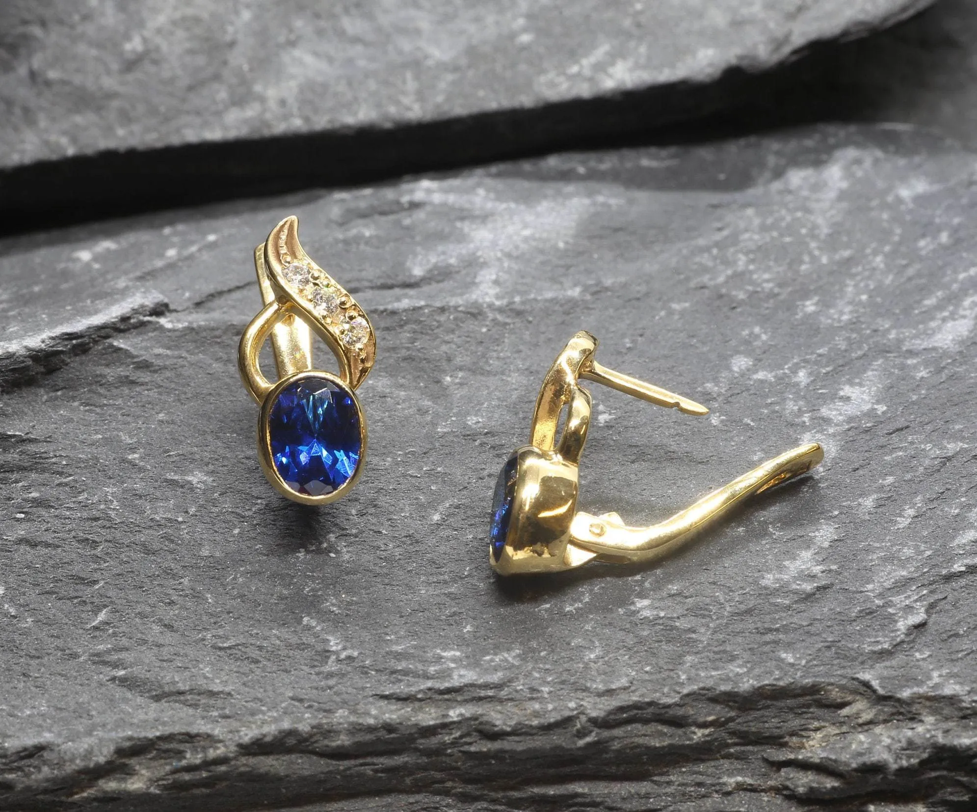 Gold Sapphire Earrings - Blue Drop Earrings, Classy Sapphire Earrings