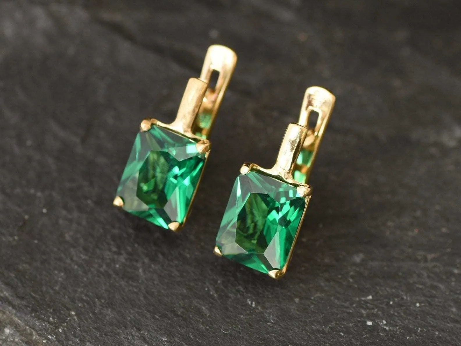 Gold Square Emerald Earrings - Green Square Earrings, Gold Emerald Studs