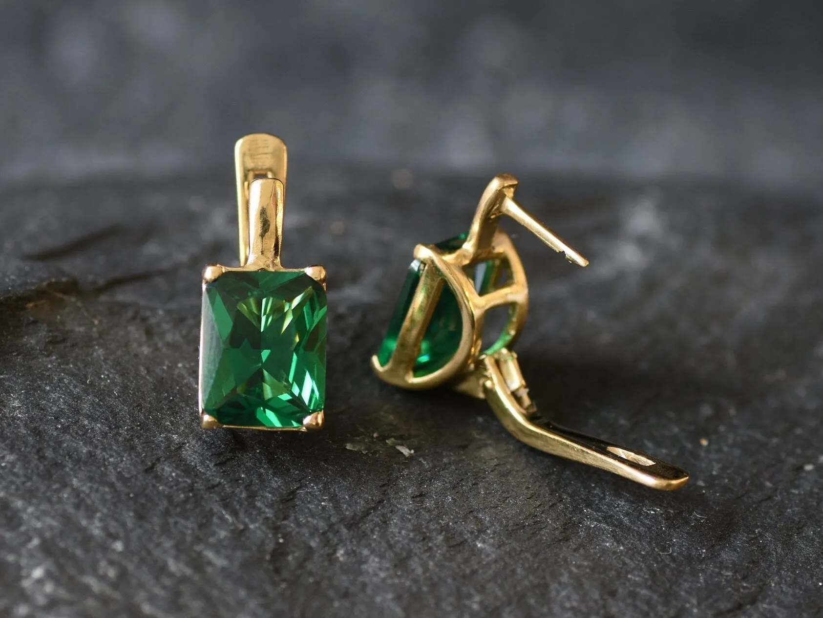 Gold Square Emerald Earrings - Green Square Earrings, Gold Emerald Studs