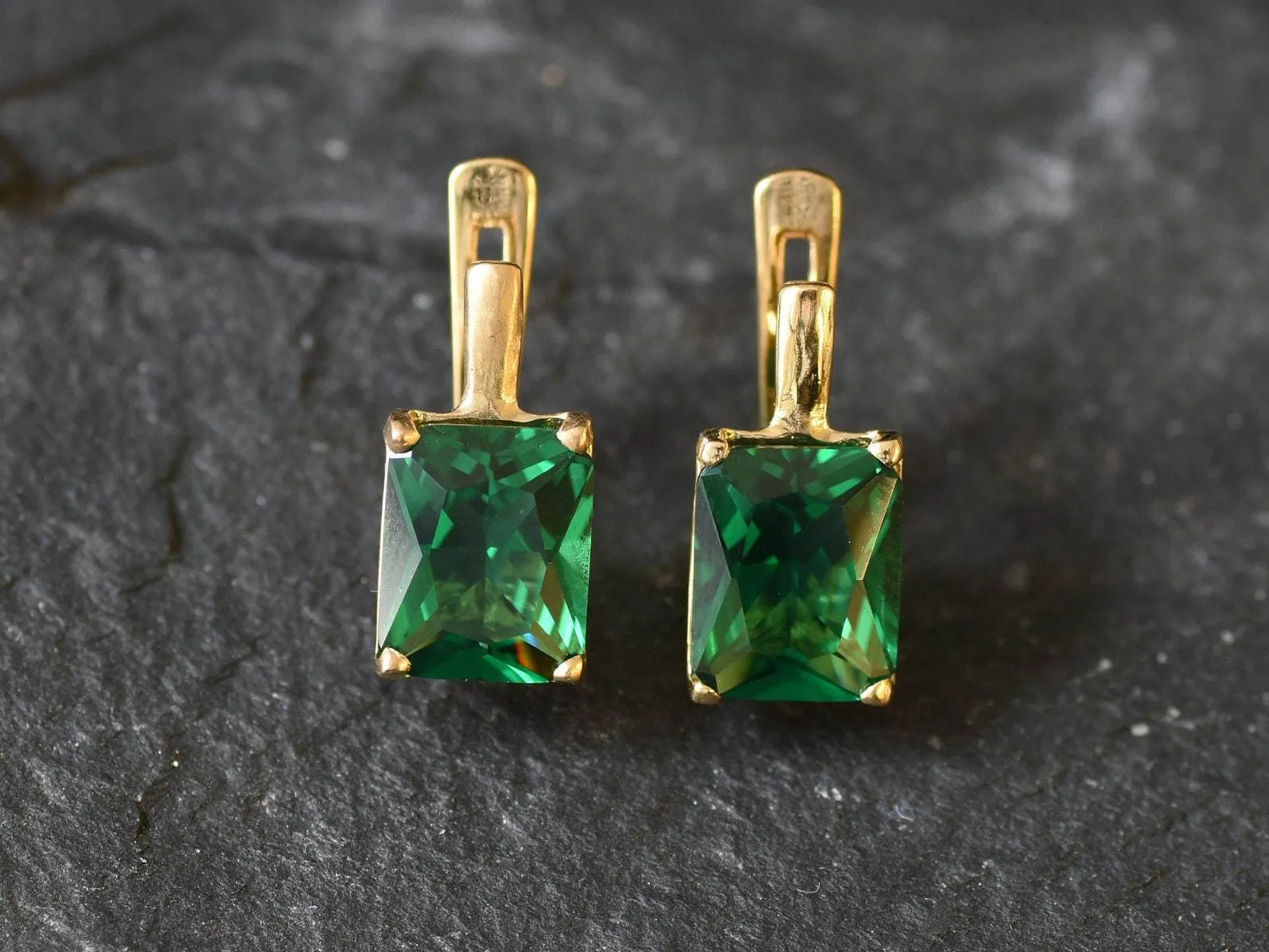 Gold Square Emerald Earrings - Green Square Earrings, Gold Emerald Studs