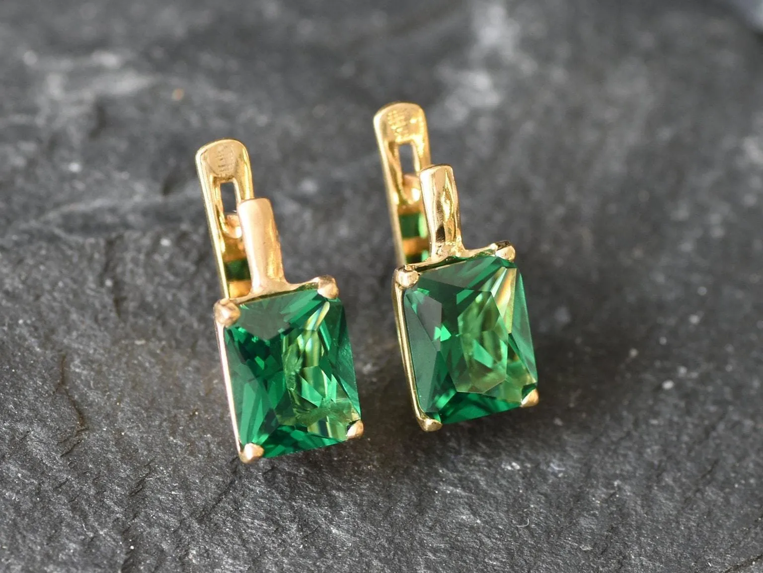 Gold Square Emerald Earrings - Green Square Earrings, Gold Emerald Studs