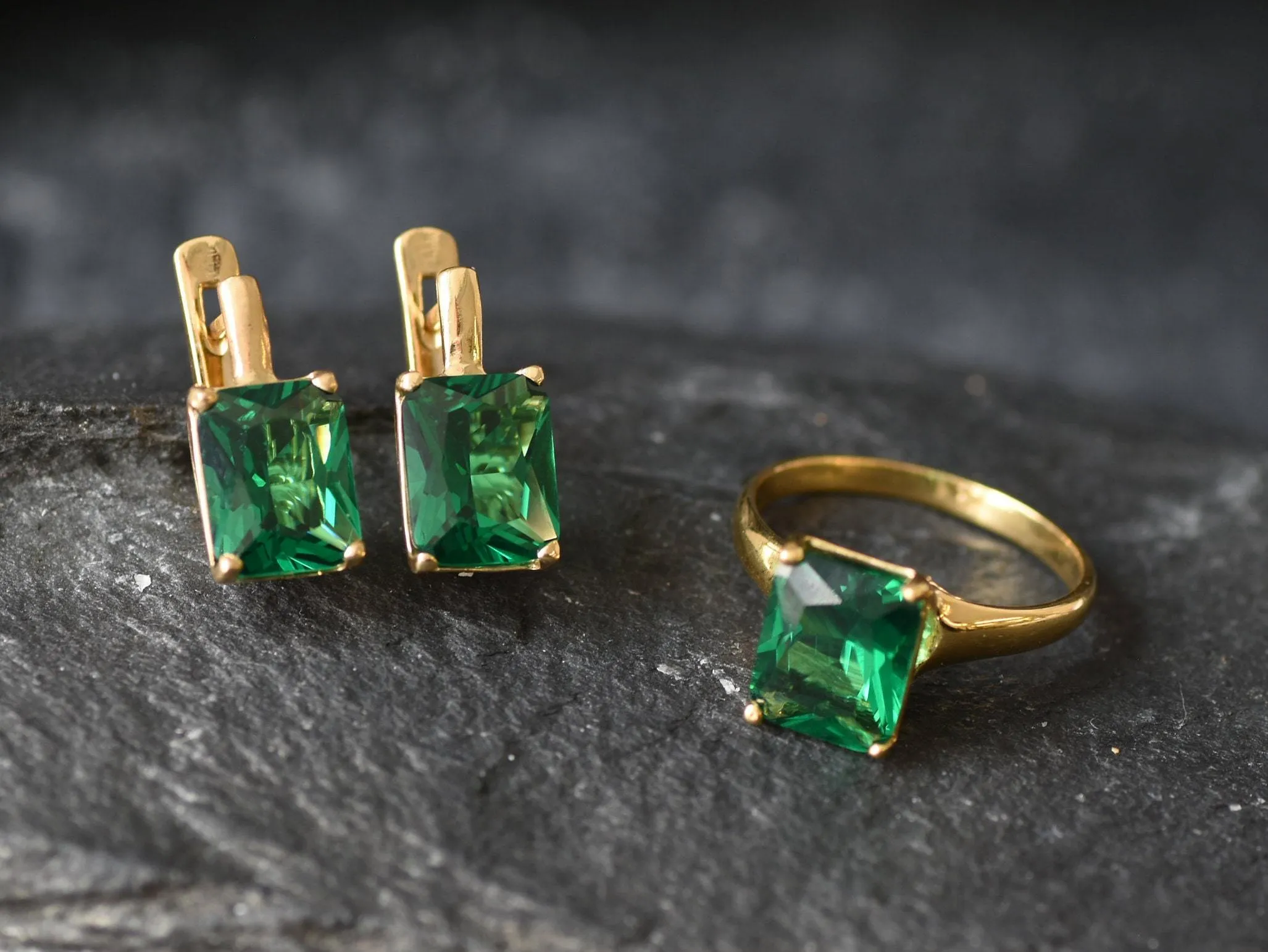 Gold Square Emerald Earrings - Green Square Earrings, Gold Emerald Studs