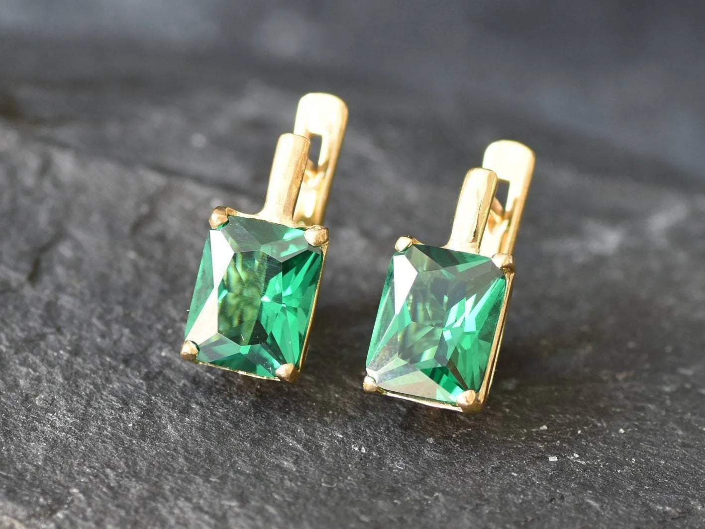 Gold Square Emerald Earrings - Green Square Earrings, Gold Emerald Studs