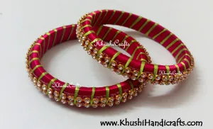 Grand Set of Designer Silk Bangles in Magenta and Lime Green