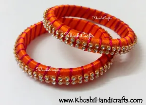 Grand Set of Designer Silk Bangles in Orange and Magenta