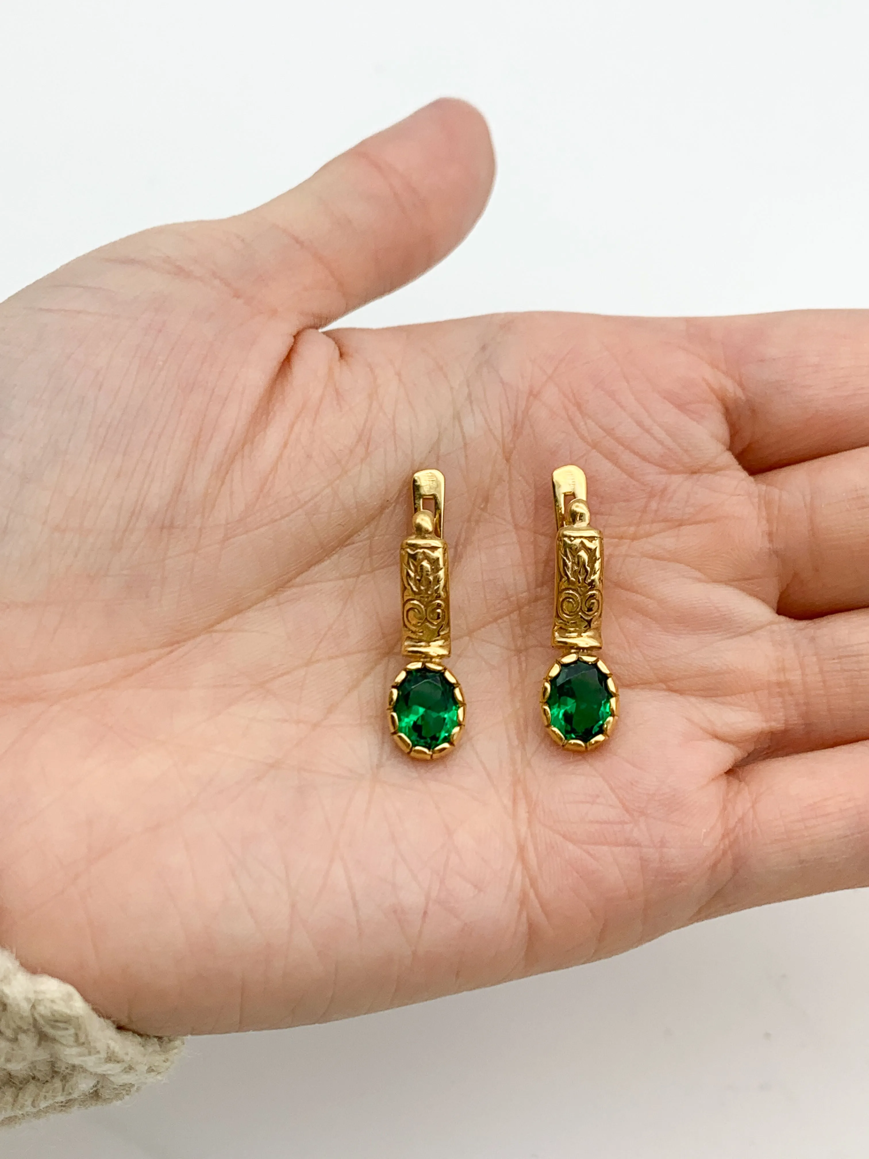 Green Emerald Earrings - Vintage Drop Earrings - Gold Tribal Earrings