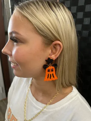 Halloween Orange and Black Ghosts under Stars Beaded Earrings