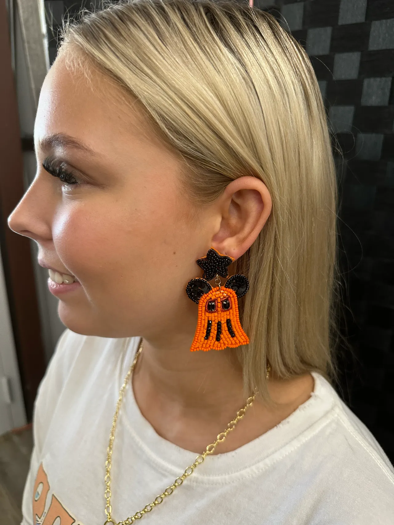 Halloween Orange and Black Ghosts under Stars Beaded Earrings