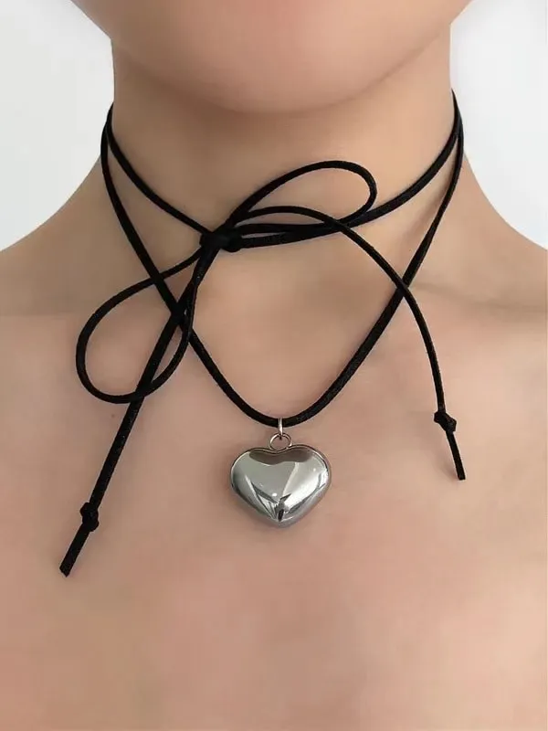 Heart Pendant Necklace  Wrap Around Faux Leather Choker