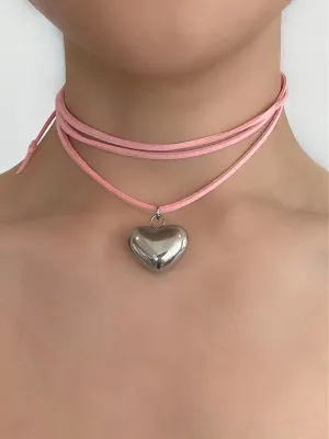 Heart Pendant Necklace  Wrap Around Faux Leather Choker