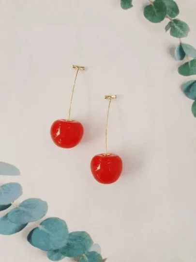 Kawaii - 3D red cherry dangle earrings | fruits dangle earrings | oversize statement earrings | cute kawaii earrings or brooch| burgundy red cherry