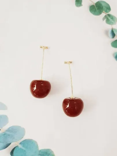 Kawaii - 3D red cherry dangle earrings | fruits dangle earrings | oversize statement earrings | cute kawaii earrings or brooch| burgundy red cherry