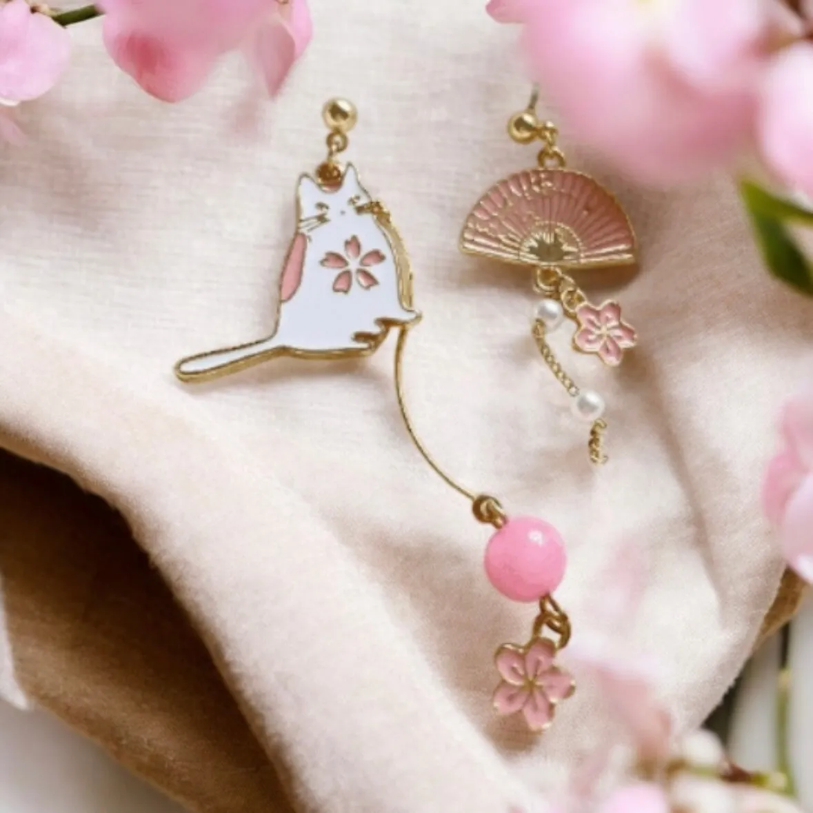 Kawaii - Sweet pink sakura |Kawaii cat cute fun chain earrings | korean art colourful dangle earrings | mismatch flower kitten oriental fan