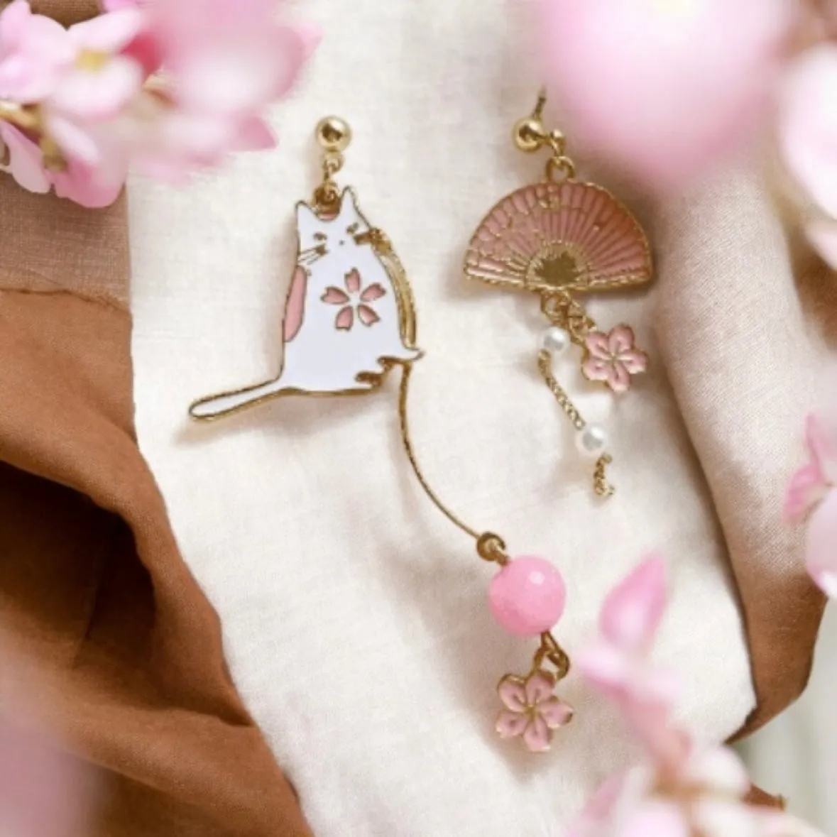 Kawaii - Sweet pink sakura |Kawaii cat cute fun chain earrings | korean art colourful dangle earrings | mismatch flower kitten oriental fan