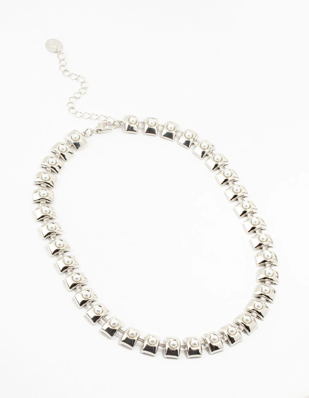 Large Rhodium Pearl Chain Short Necklace