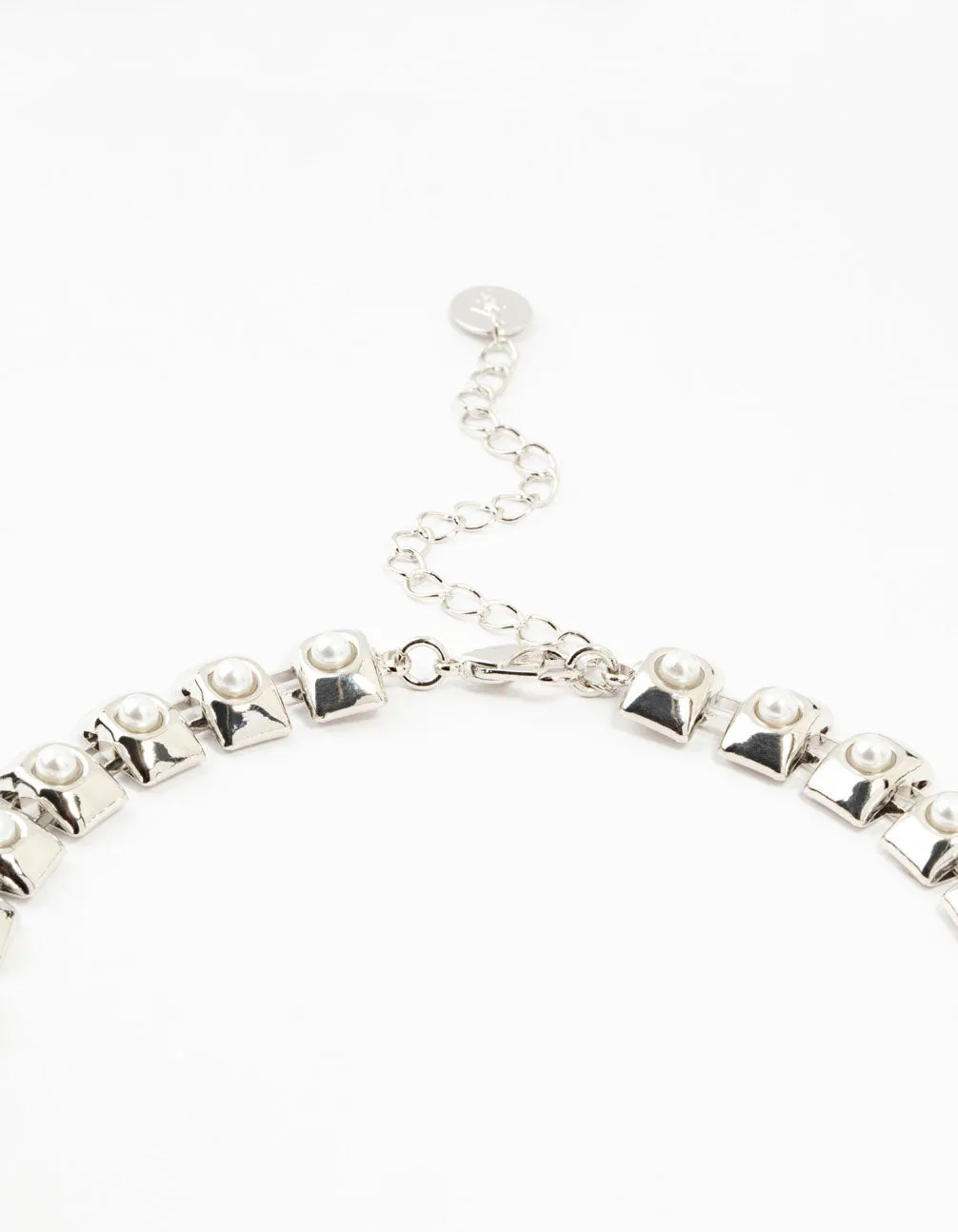 Large Rhodium Pearl Chain Short Necklace