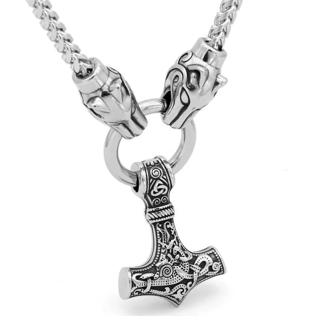 Men stainless steel Viking Odin wolf head with Thor hammer MJOLNIR pendant necklace -Dragon Chain