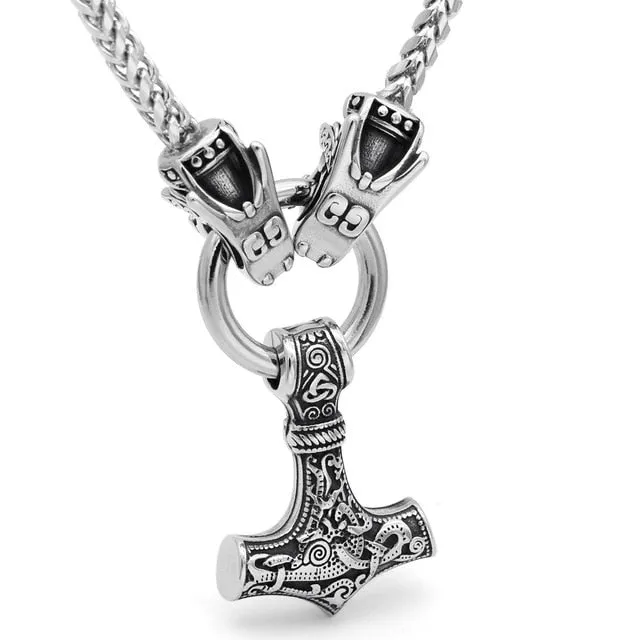 Men stainless steel Viking Odin wolf head with Thor hammer MJOLNIR pendant necklace -Dragon Chain