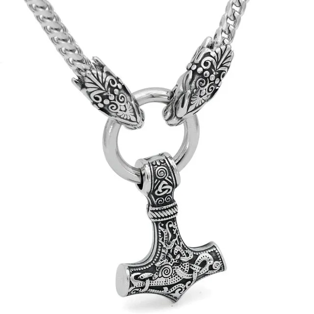 Men stainless steel Viking Odin wolf head with Thor hammer MJOLNIR pendant necklace -Dragon Chain