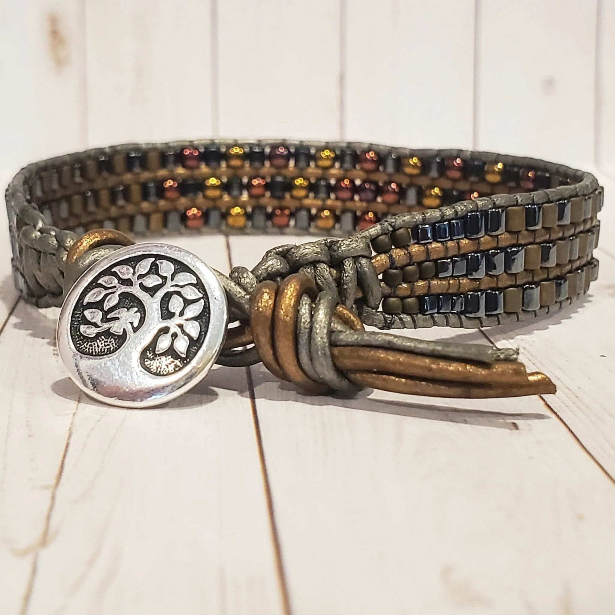 Men's Tree of Life  Intricately Beaded Leather Wrap Bracelet