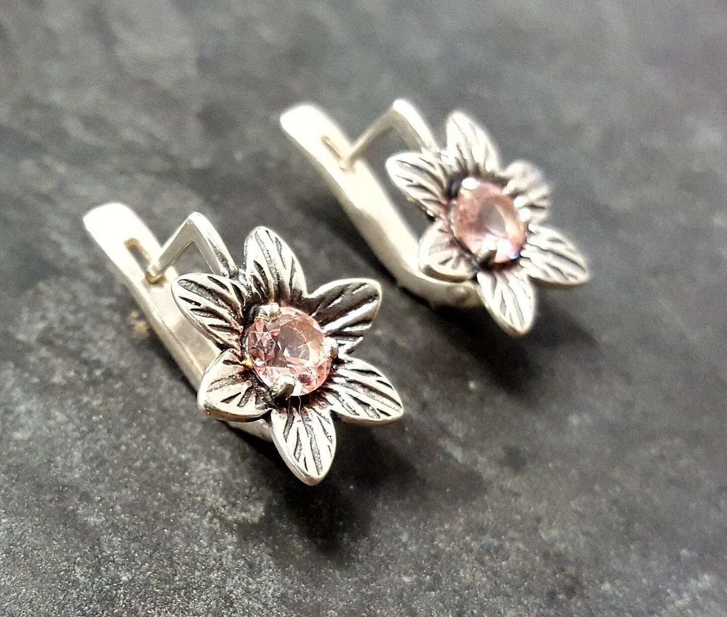 Morganite Earrings - Pink Flower Earrings - Drop Flower Studs