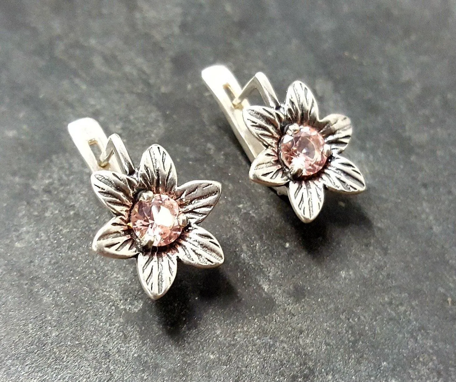 Morganite Earrings - Pink Flower Earrings - Drop Flower Studs